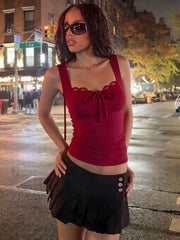 Lace-up Bow Lace Trim Tank Top