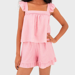 Ruffle Straps Stripe Top And Shorts Set