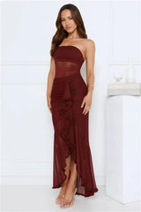 Strapless Ruffle Slit Maxi Dress