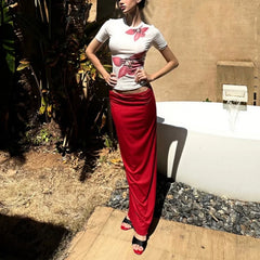 White Flower Print Round Neck Short Sleeve T Shirt