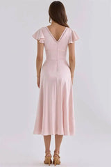 Pink Satin V-Neck Short Sleeve Tie Up Midi Dress