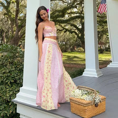 Pink And Yellow Floral Patchwork Cami Crop Top And Maxi Skirt Set