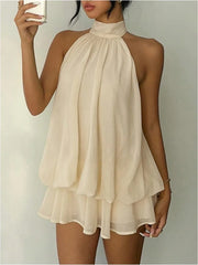 Halter Neck Open Back Ruffle Waist Mini Dress
