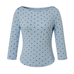 Polka Dot Ribbed Cropped Boat Neck T-Shirt