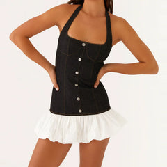 Black Denim Pleated Halter Mini Dress
