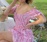 Pink Floral Print Smocked Layered Mini Dress