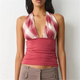 Pink Plaid Halter Deep V Neck Top