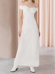Dotted Off Shoulder Wrap Around Open Back Long Dress