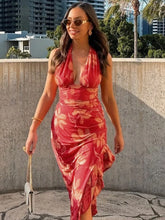 Red Printed Mesh Halter Deep Neck Cut Out Maxi Dress