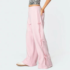 Side Bow Tie Up High Waist Wide Leg Pants