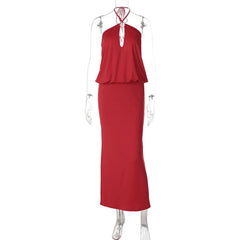 Red Halter Neck O‑Ring Maxi Dress
