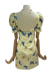 Yellow Butterfly Print Puff Sleeve Lace Trim Mini Dress