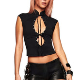 Black High Neck Cutout Rivet Lace Up Cap Sleeve Top
