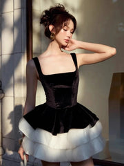 Black Velvet Puff Layered Hem Mini Dress