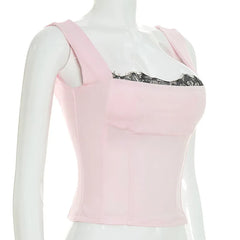 Solid Square Neck Strap Lace Trim Top