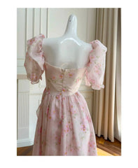 Pink Floral Square Puff Sleeve Flounced Midi Dress