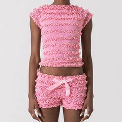 Frill Trim Lace Tie Up Top And Low Rise Shorts Set