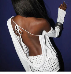 White Off-Shoulder Long Sleeve Studded Mini Dress