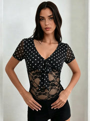 Black Dot Print Lace Patchwork Crop Top