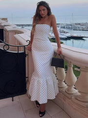 Polka Dot Strapless Tiered Hem Midi Dress