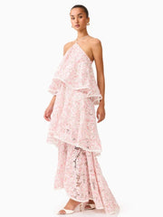 Halter Neck Tiered Ruffle Flower Long Dress
