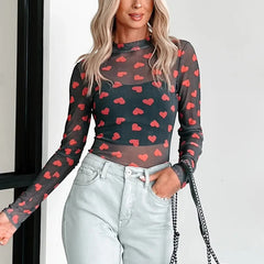 Black Sheer Heart Print Bodysuit