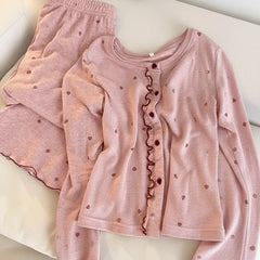 Pink Buttoned Heart-Shaped Printed Pajama Long Sleeved Set