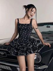 Black Ruffles Bow Printed Mini Dress