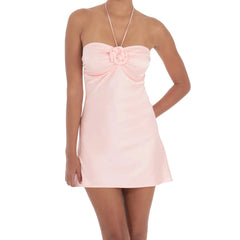 Flower Halter Satin A-Line Mini Dress