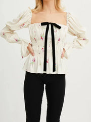 Bow Tie Floral Print Long Sleeve Ruched Blouse