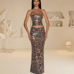 Leopard Print Sequin Strapless Crop Top And Skirt Set