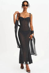 Black Polka Dot Sweetheart Neck Spaghetti Strap Scarf Maxi Dress