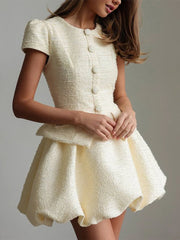 Tweed Puffy Sleeve Shirt And Bubble Skirt Set