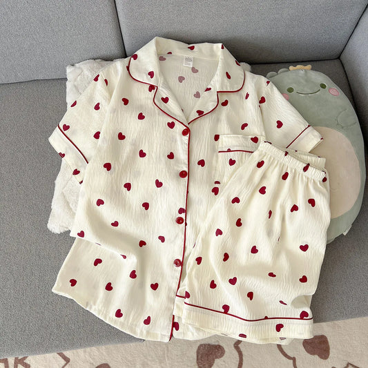 Heart-Shaped Short Sleeve Shirt and Shorts Pajama Set