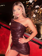 Off-shoulder PU Leather Strapless Ruched Mini Dress