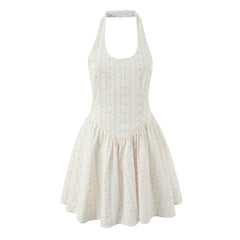 White Halter Neck Floral Print Mini Dress