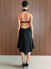 Halter Neck Backless Hollow Out Back Tie‑Up Ruffle Hem Mermaid Midi Dress