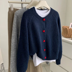 Deep Grey Wool Knitted Heart Buttoned Cardigan
