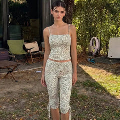 Dalmatian Print Spaghetti Strap Tank Top And Ruched Cropped Pants Set