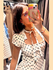 Short Sleeve Lace Up Cut Out Collar Polka Dot Mini Dress