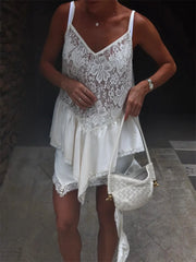 White Lace Printed Strap Long Top