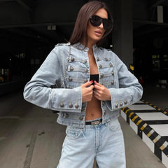 Denim Embroidered Button Jacket And Micro Shorts Set