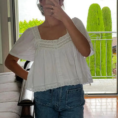 Embroidery Square Neck Button Up Blouse