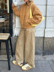 Brown Suede Zipper Jacket With Shorts