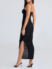 Bodycon mesh Pleated Midi Strappy Dress
