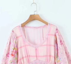 Pink Long Sleeve Floral Patchwork Tiered Mini Dress