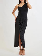 Diagonal Collar Gold Button Black Ruched Midi Dress