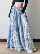 Blue Lace Patchwork Plaid Long Skirt