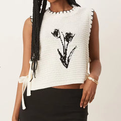 White Knit Square Tie Up Flower Tank Top