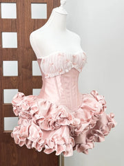 Pink Satin Corset 3d Flower Ruffles Mini Dress